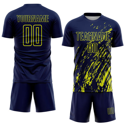 Custom Navy Neon Yellow Splash Sublimation Soccer Uniform Jersey - Sky-Custom