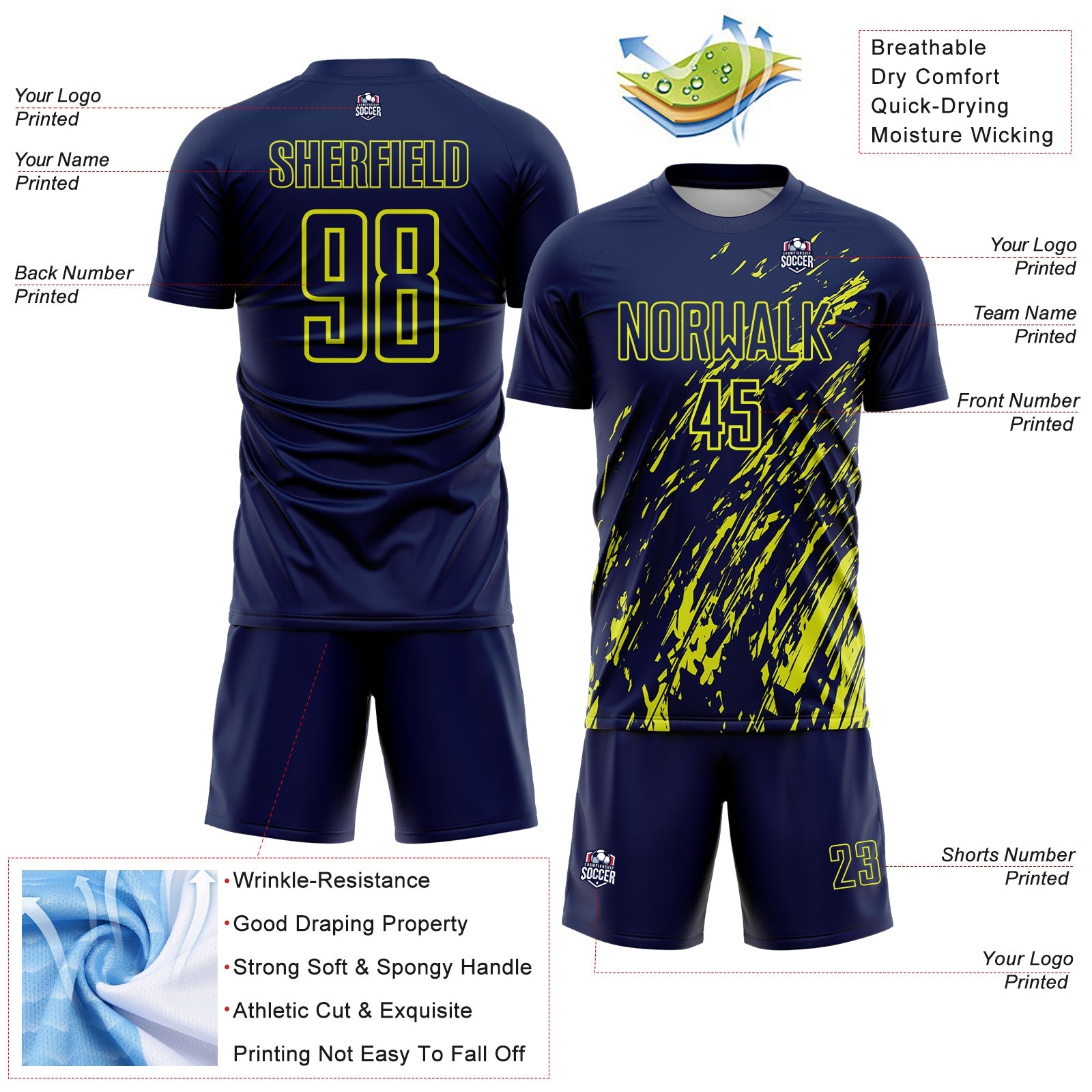 Custom Navy Neon Yellow Splash Sublimation Soccer Uniform Jersey - Sky-Custom