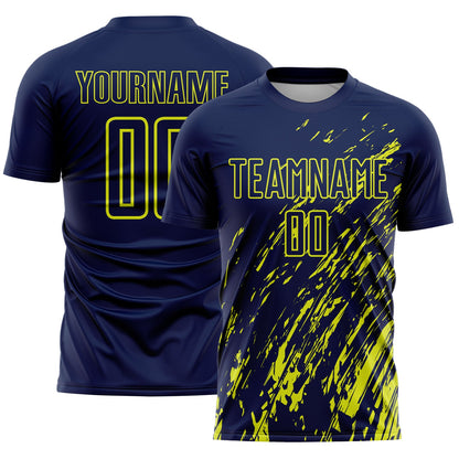 Custom Navy Neon Yellow Splash Sublimation Soccer Uniform Jersey - Sky-Custom