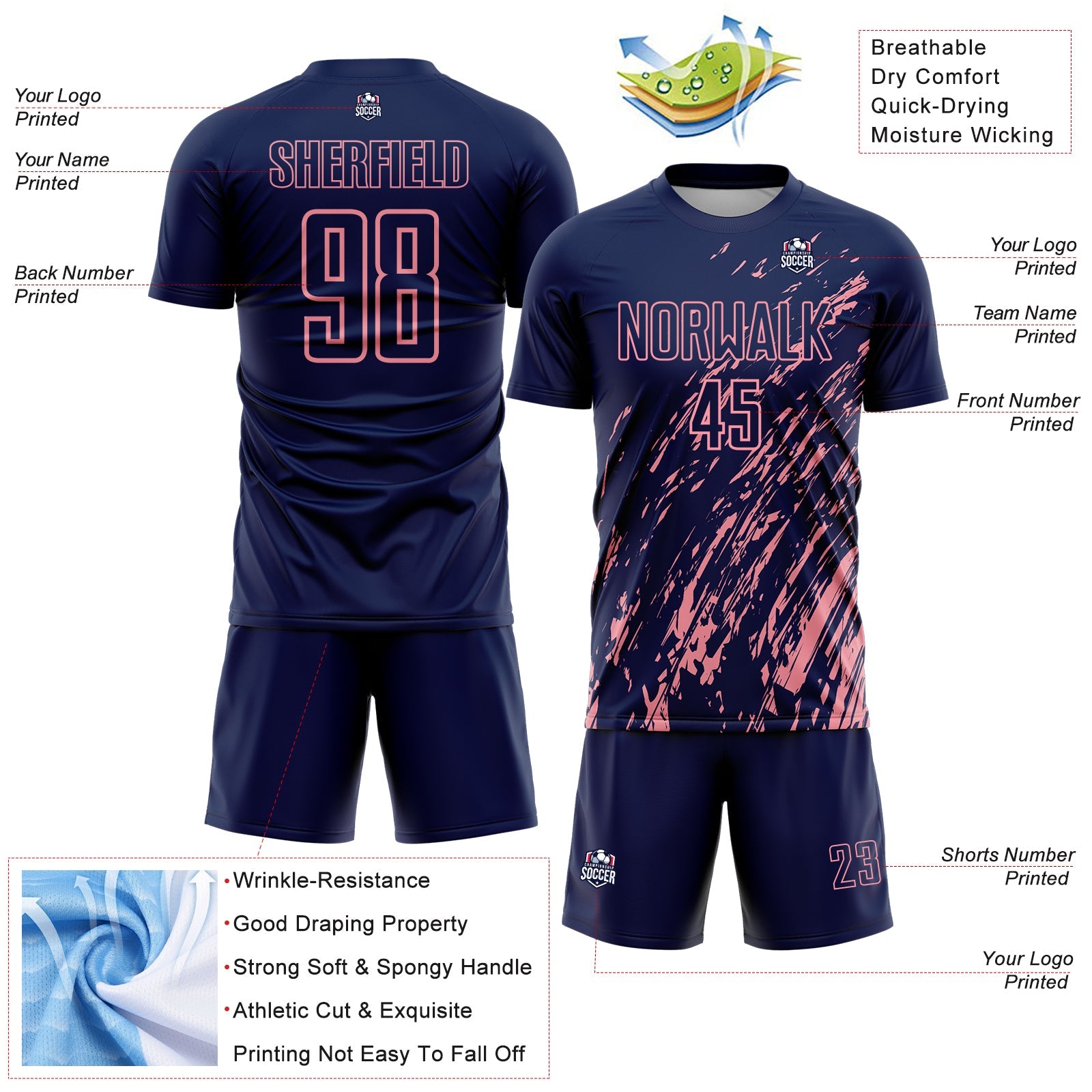 Custom Navy Medium Pink Splash Sublimation Soccer Uniform Jersey - Sky-Custom