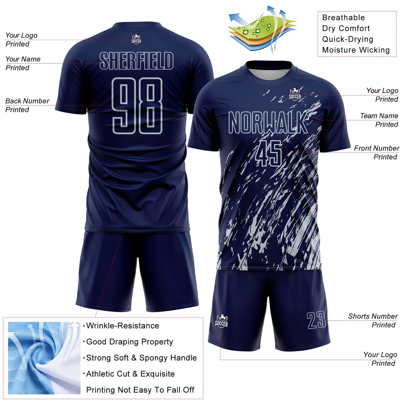 Custom Navy Silver Splash Sublimation Soccer Uniform Jersey - Sky-Custom