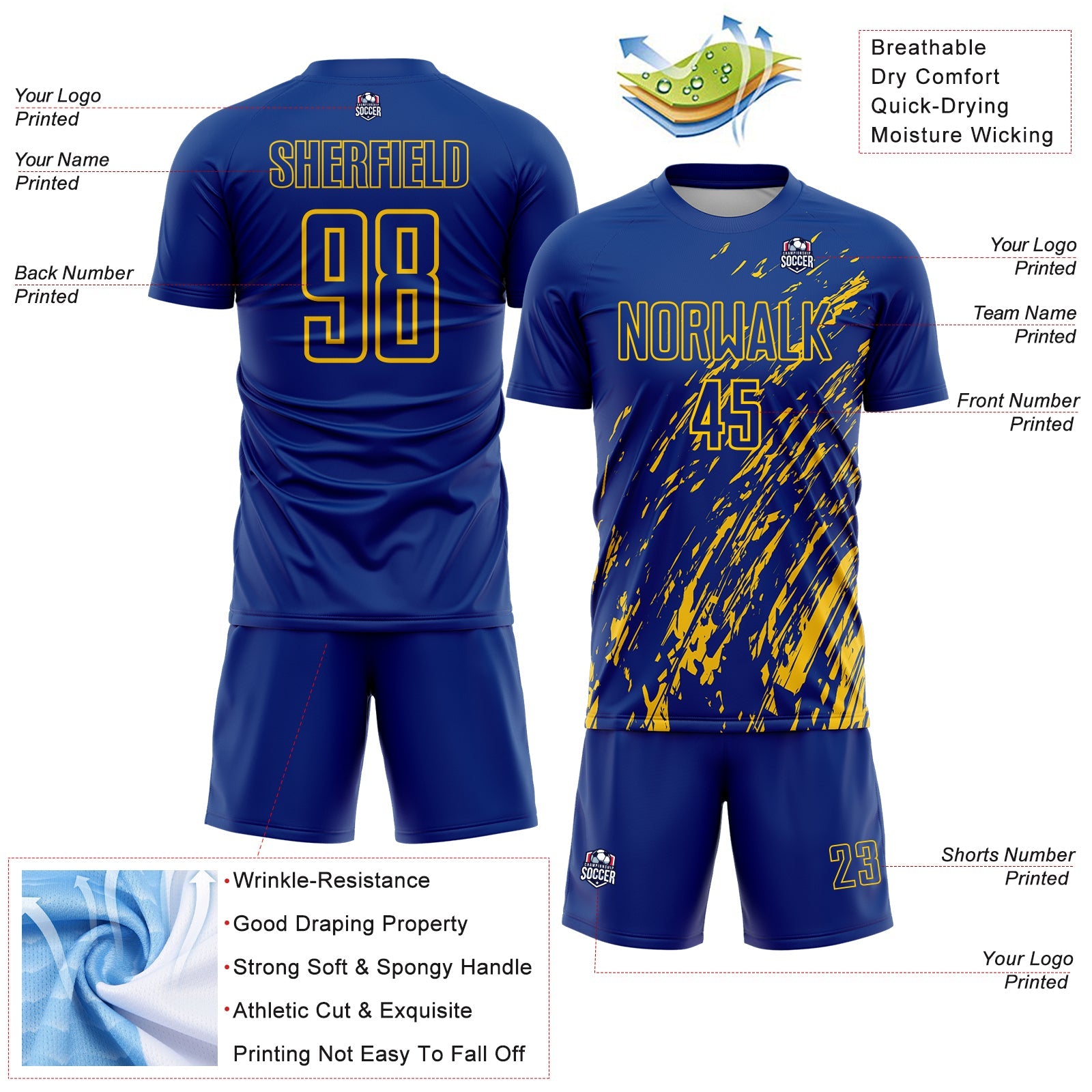 Custom Royal Yellow Splash Sublimation Soccer Uniform Jersey - Sky-Custom