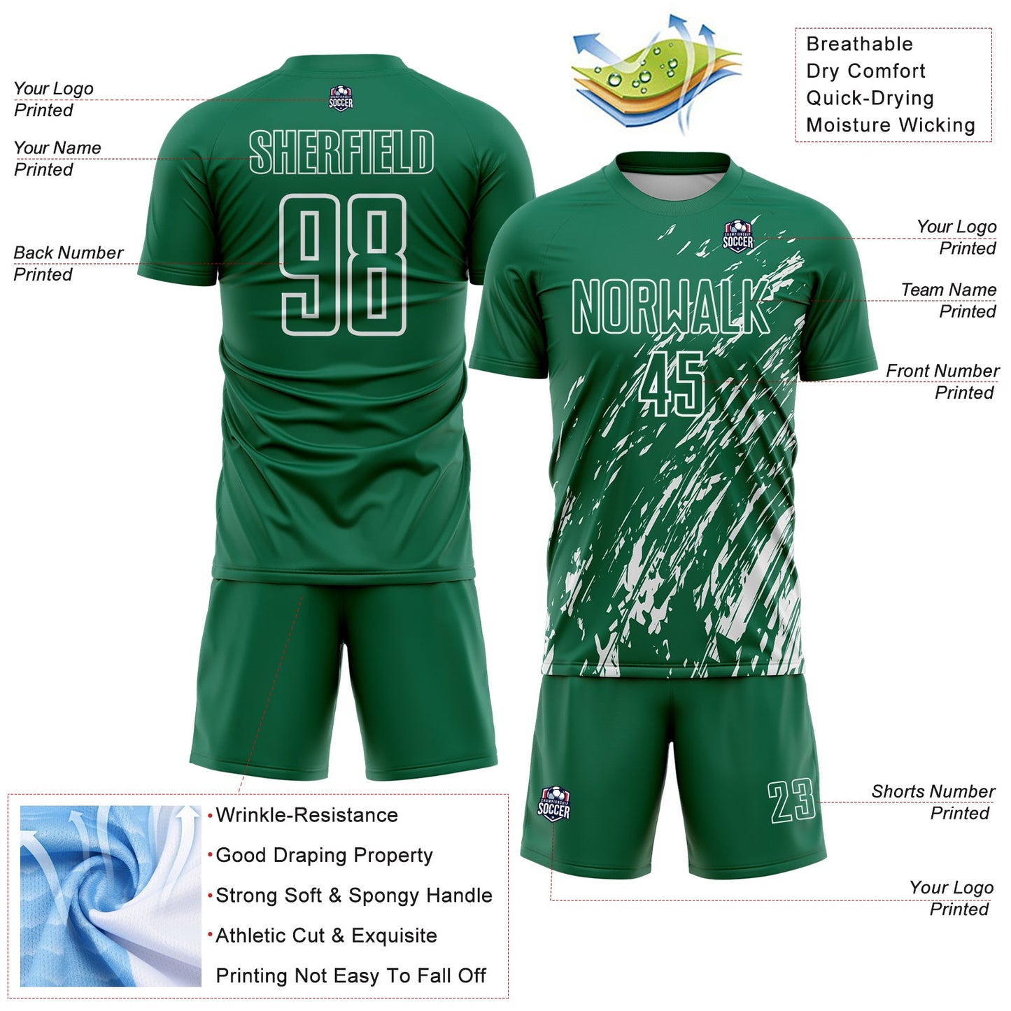 Custom Kelly Green White Splash Sublimation Soccer Uniform Jersey - Sky-Custom