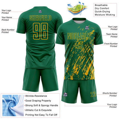 Custom Kelly Green Gold Splash Sublimation Soccer Uniform Jersey - Sky-Custom