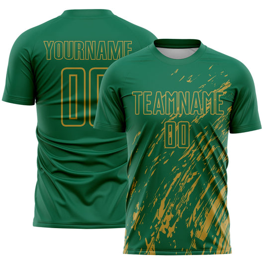 Custom Kelly Green Old Gold Splash Sublimation Soccer Uniform Jersey - Sky-Custom