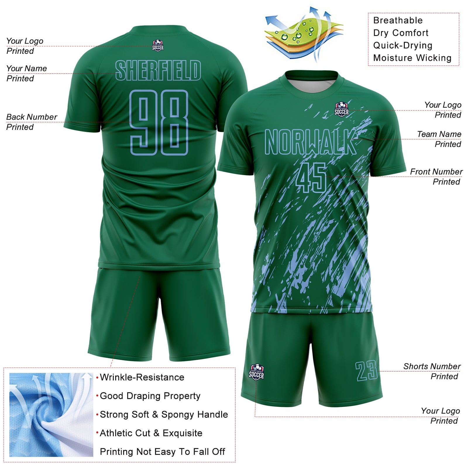 Custom Kelly Green Light Blue Splash Sublimation Soccer Uniform Jersey - Sky-Custom