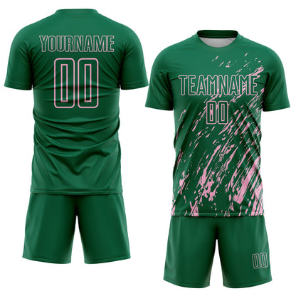 Custom Kelly Green Light Pink Splash Sublimation Soccer Uniform Jersey - Sky-Custom