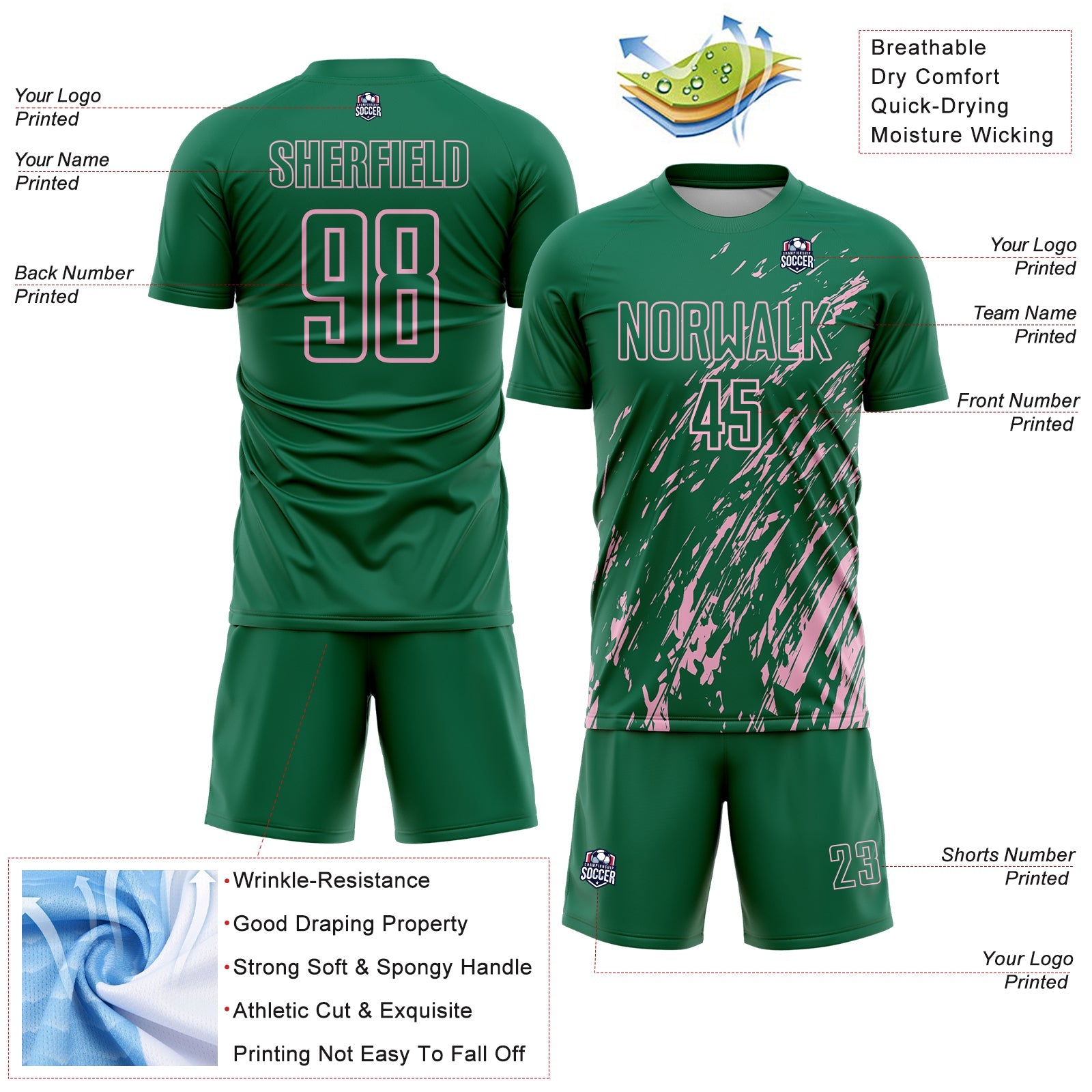 Custom Kelly Green Light Pink Splash Sublimation Soccer Uniform Jersey - Sky-Custom