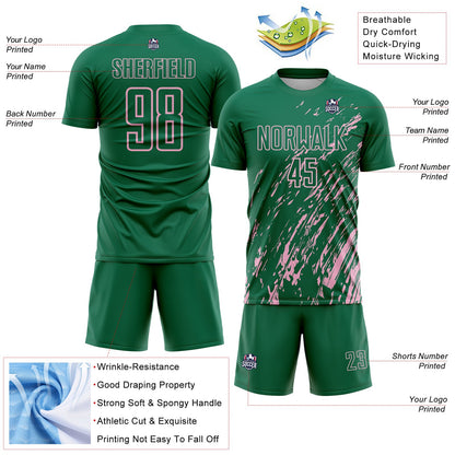 Custom Kelly Green Light Pink Splash Sublimation Soccer Uniform Jersey - Sky-Custom