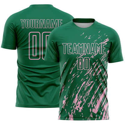 Custom Kelly Green Light Pink Splash Sublimation Soccer Uniform Jersey - Sky-Custom