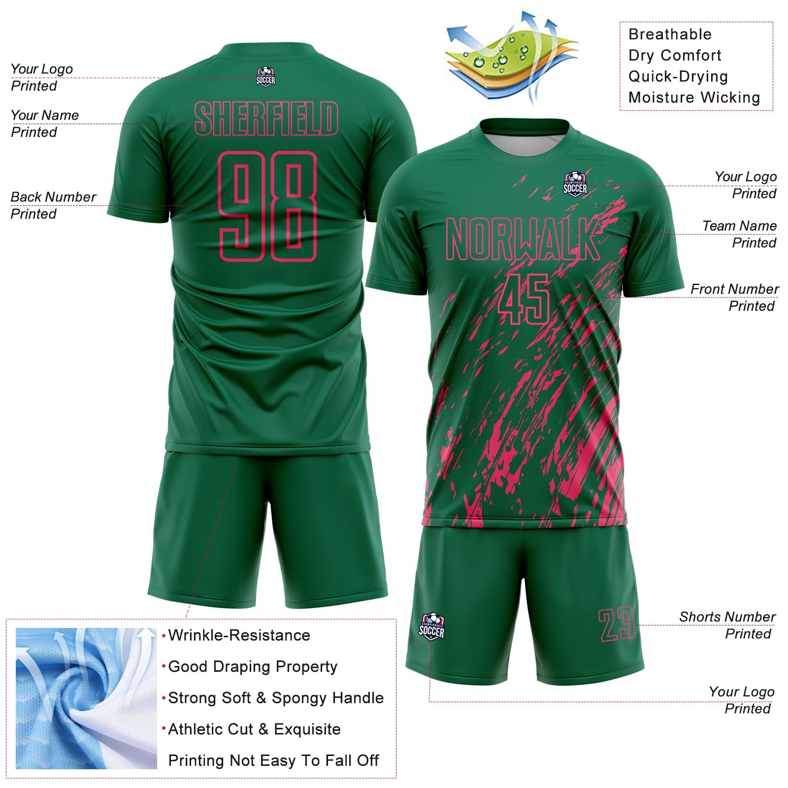 Custom Kelly Green Neon Pink Splash Sublimation Soccer Uniform Jersey - Sky-Custom