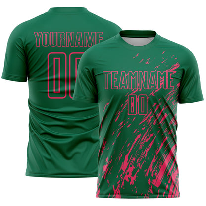 Custom Kelly Green Neon Pink Splash Sublimation Soccer Uniform Jersey - Sky-Custom