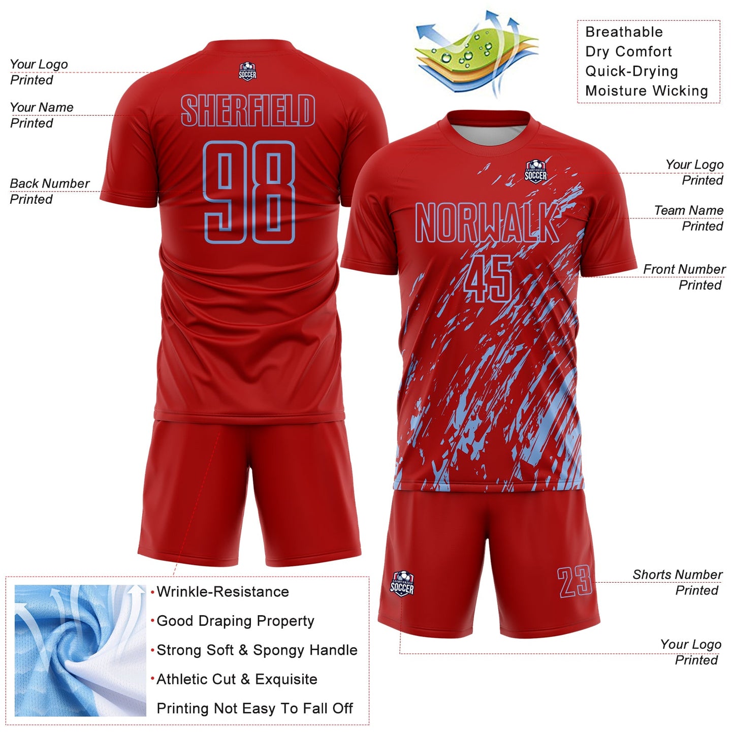 Custom Red Light Blue Splash Sublimation Soccer Uniform Jersey - Sky-Custom