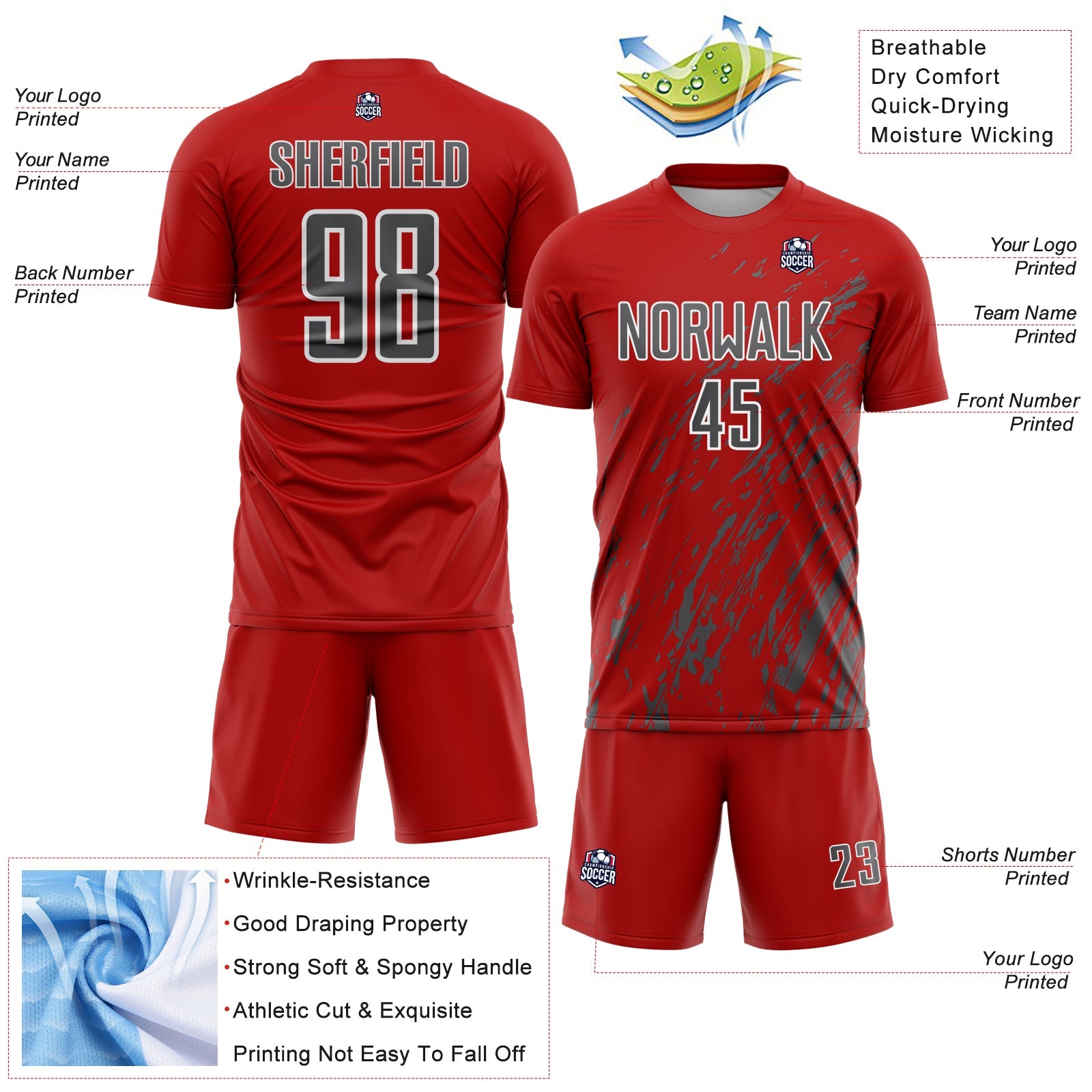 Custom Red Steel Gray-White Splash Sublimation Soccer Uniform Jersey - Sky-Custom