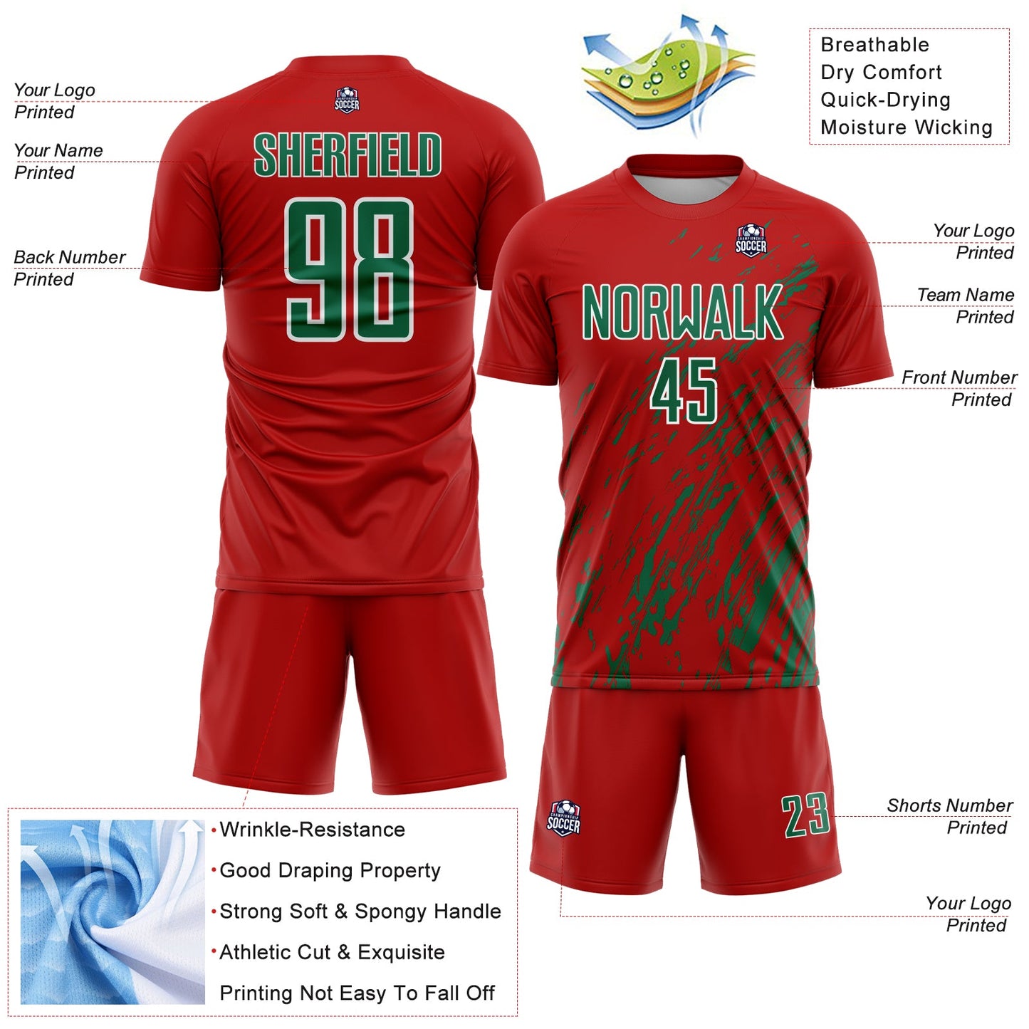 Custom Red Kelly Green-White Splash Sublimation Soccer Uniform Jersey - Sky-Custom