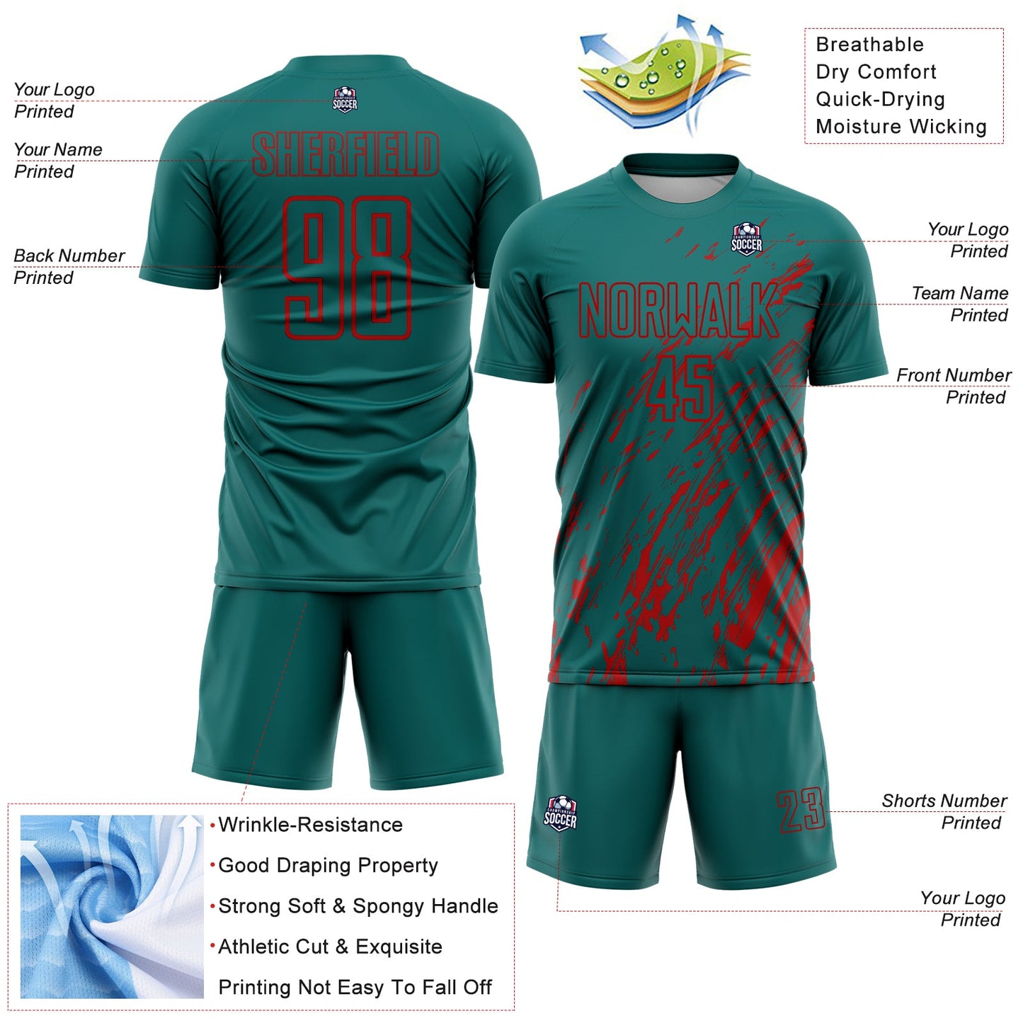 Custom Teal Red Splash Sublimation Soccer Uniform Jersey - Sky-Custom