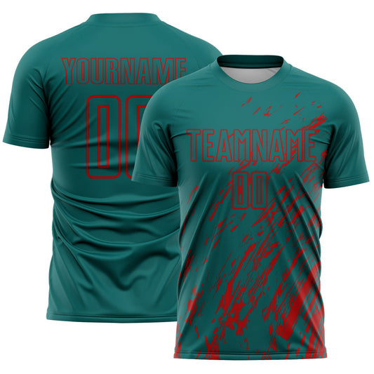 Custom Teal Red Splash Sublimation Soccer Uniform Jersey - Sky-Custom