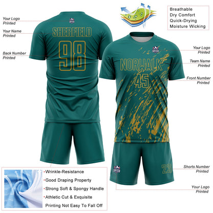 Custom Teal Old Gold Splash Sublimation Soccer Uniform Jersey - Sky-Custom