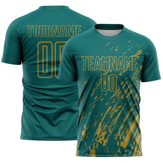 Custom Teal Old Gold Splash Sublimation Soccer Uniform Jersey - Sky-Custom