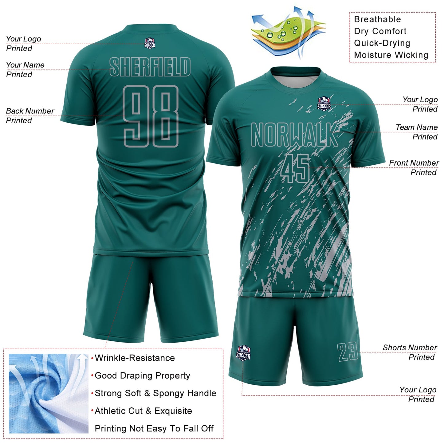 Custom Teal Gray Splash Sublimation Soccer Uniform Jersey - Sky-Custom