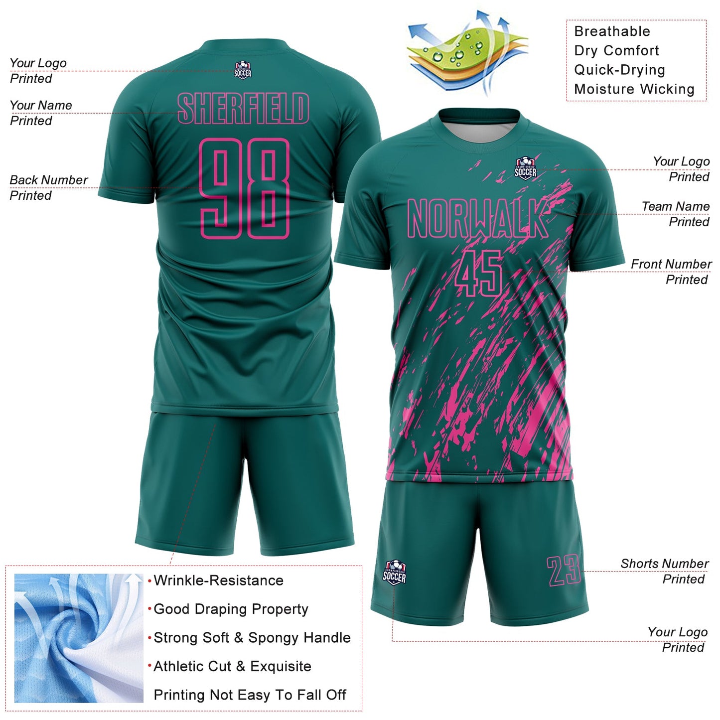 Custom Teal Pink Splash Sublimation Soccer Uniform Jersey - Sky-Custom
