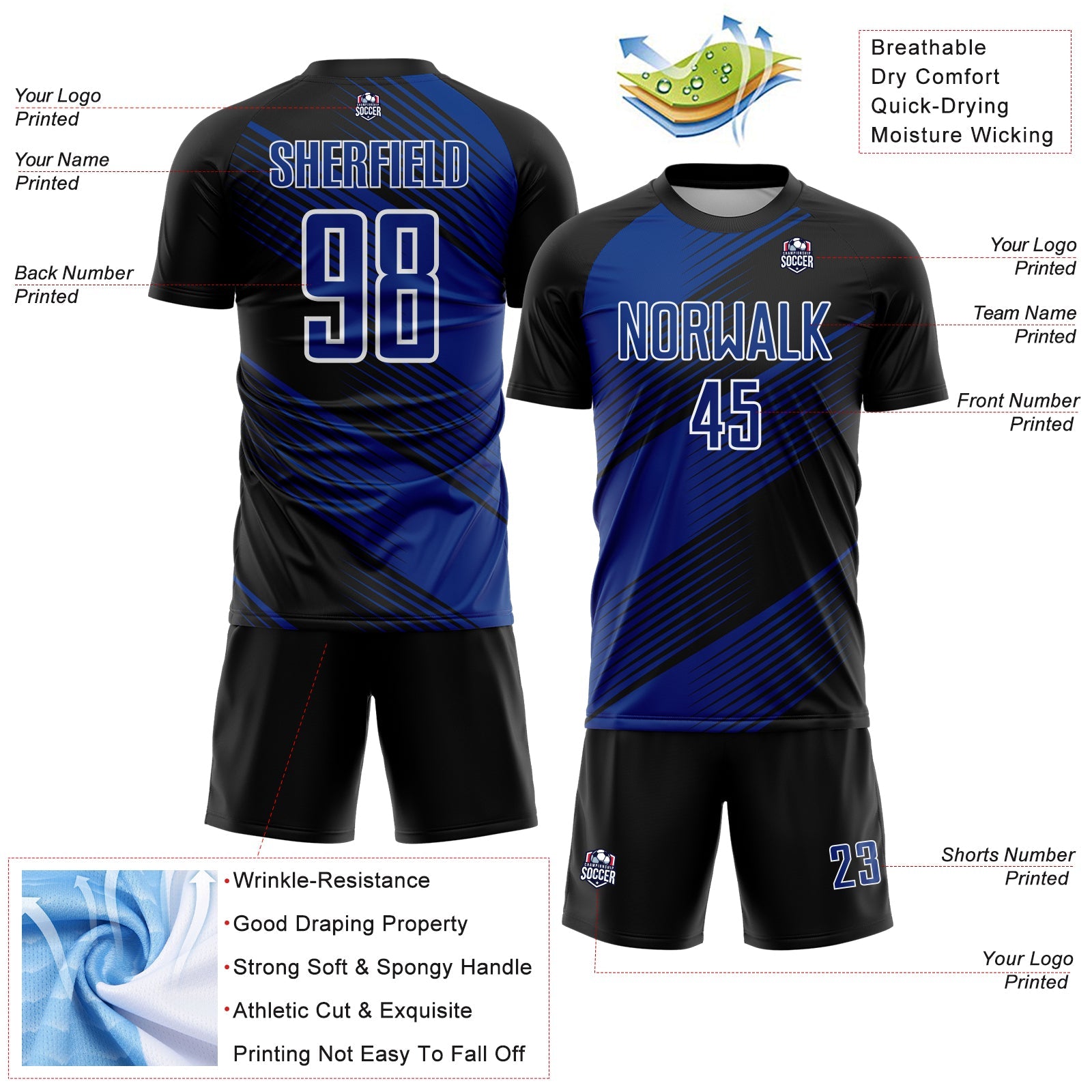Custom Black Royal-White Line Sublimation Soccer Uniform Jersey - Sky-Custom