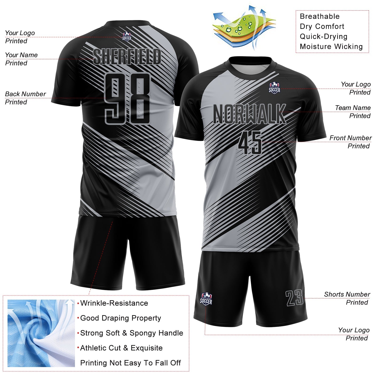 Custom Black Gray Line Sublimation Soccer Uniform Jersey - Sky-Custom