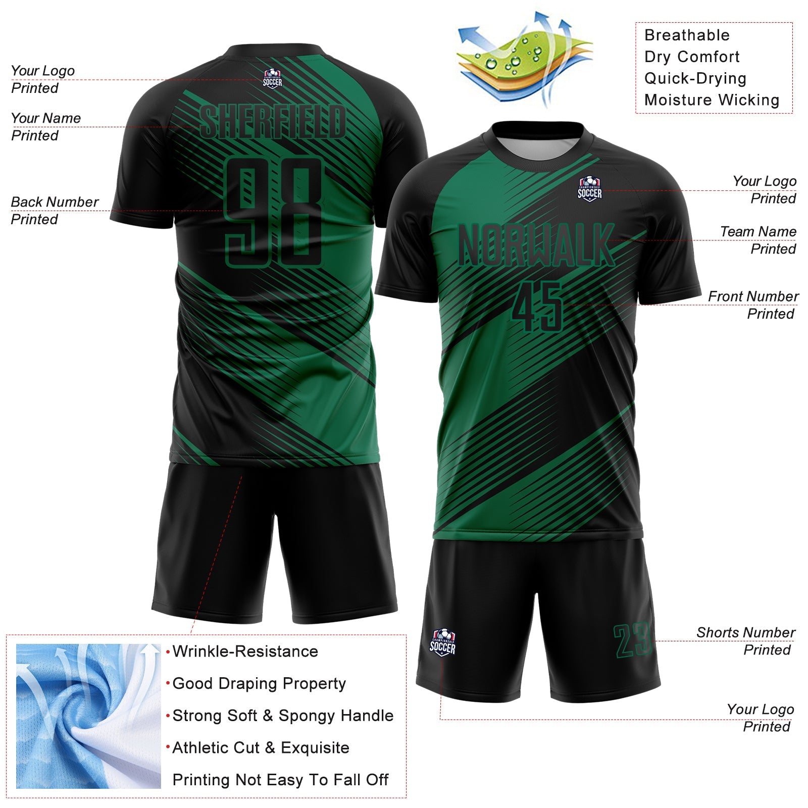Custom Black Kelly Green Line Sublimation Soccer Uniform Jersey - Sky-Custom