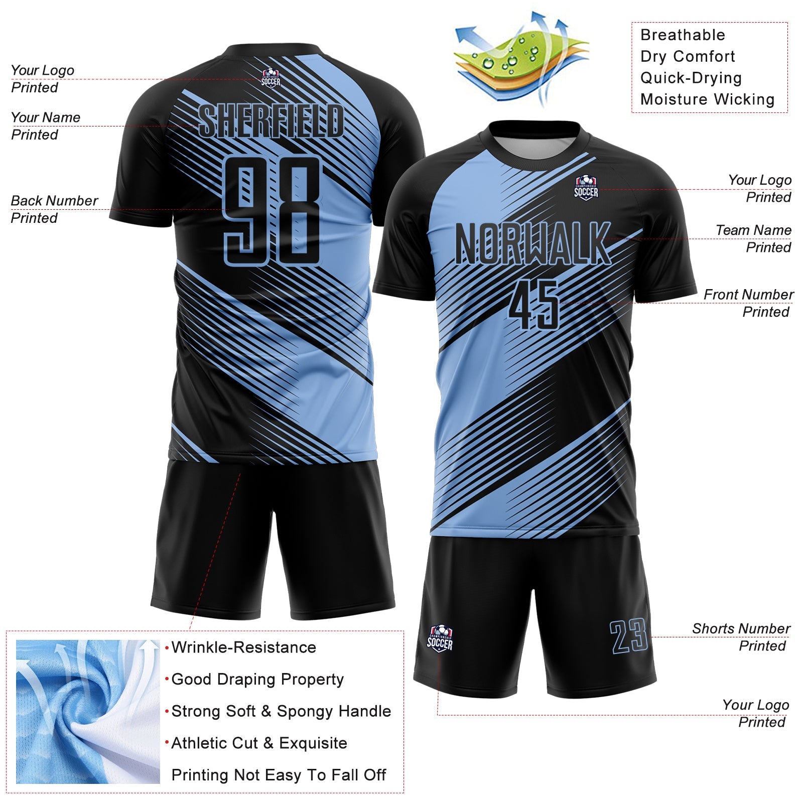 Custom Black Light Blue Line Sublimation Soccer Uniform Jersey - Sky-Custom