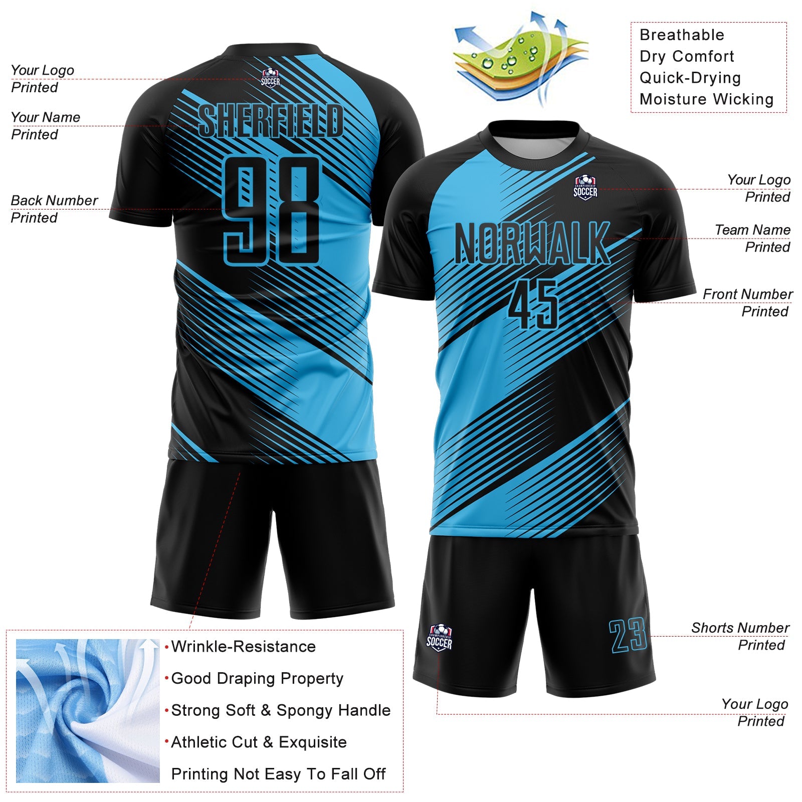 Custom Black Sky Blue Line Sublimation Soccer Uniform Jersey - Sky-Custom