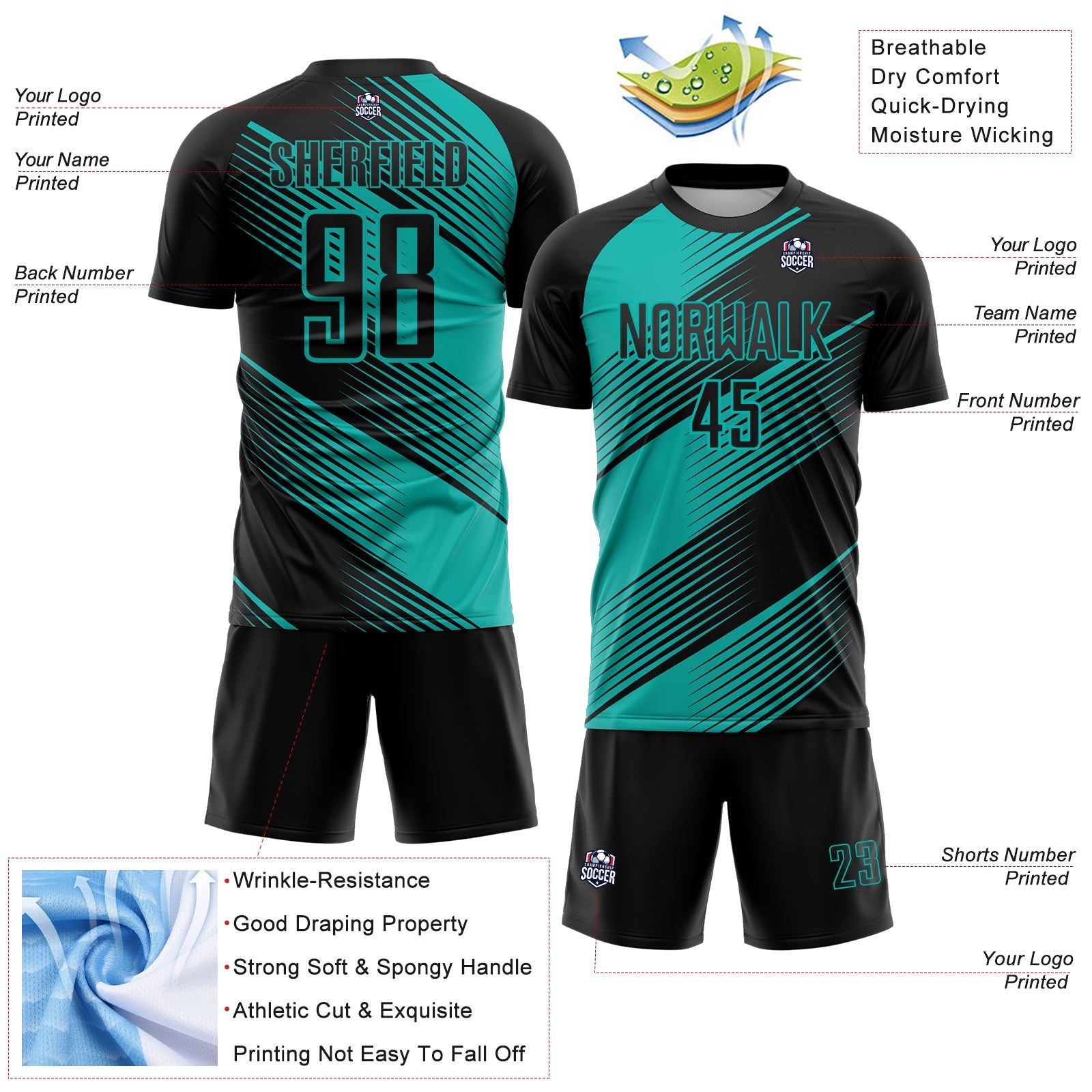 Custom Black Aqua Line Sublimation Soccer Uniform Jersey - Sky-Custom