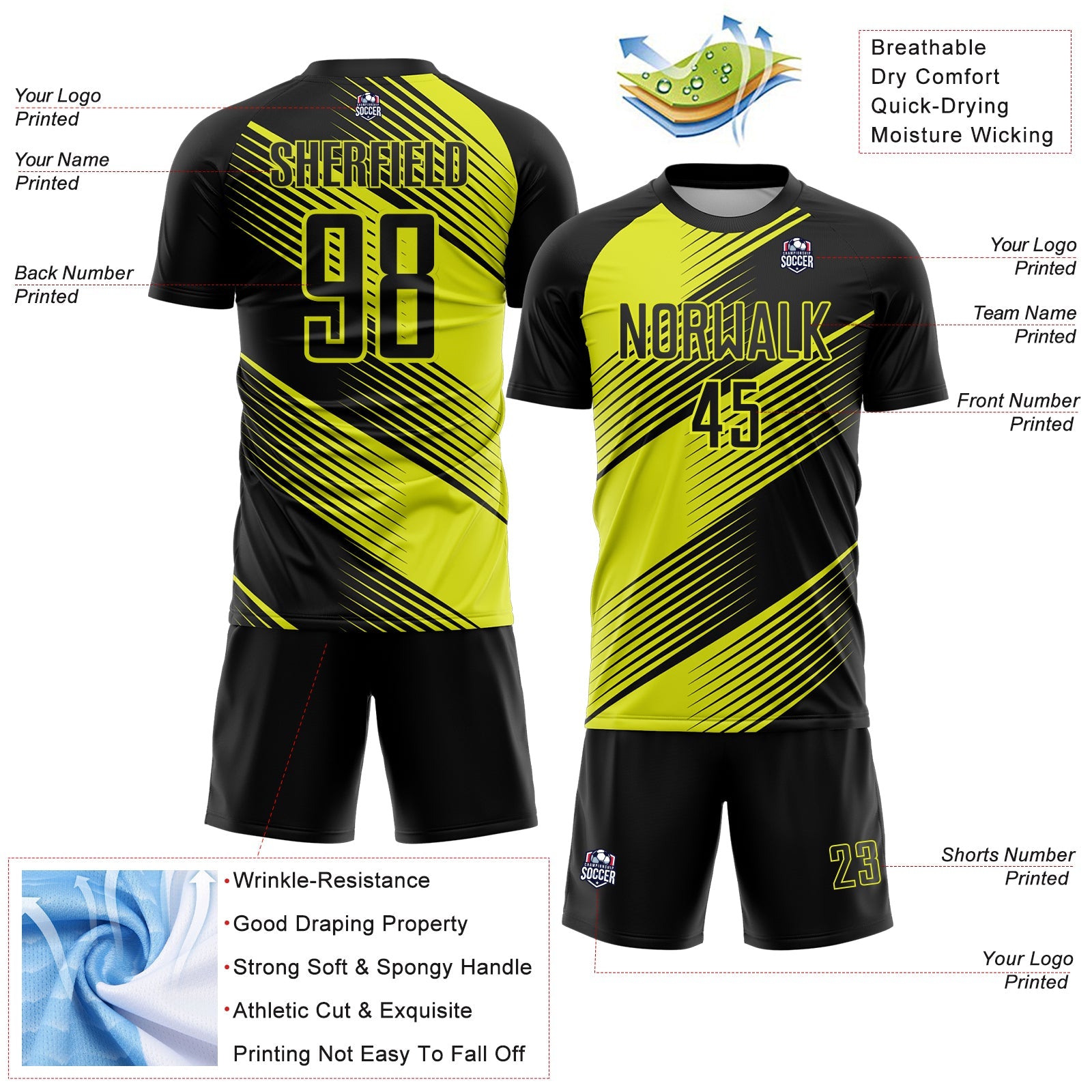 Custom Black Neon Yellow Line Sublimation Soccer Uniform Jersey - Sky-Custom