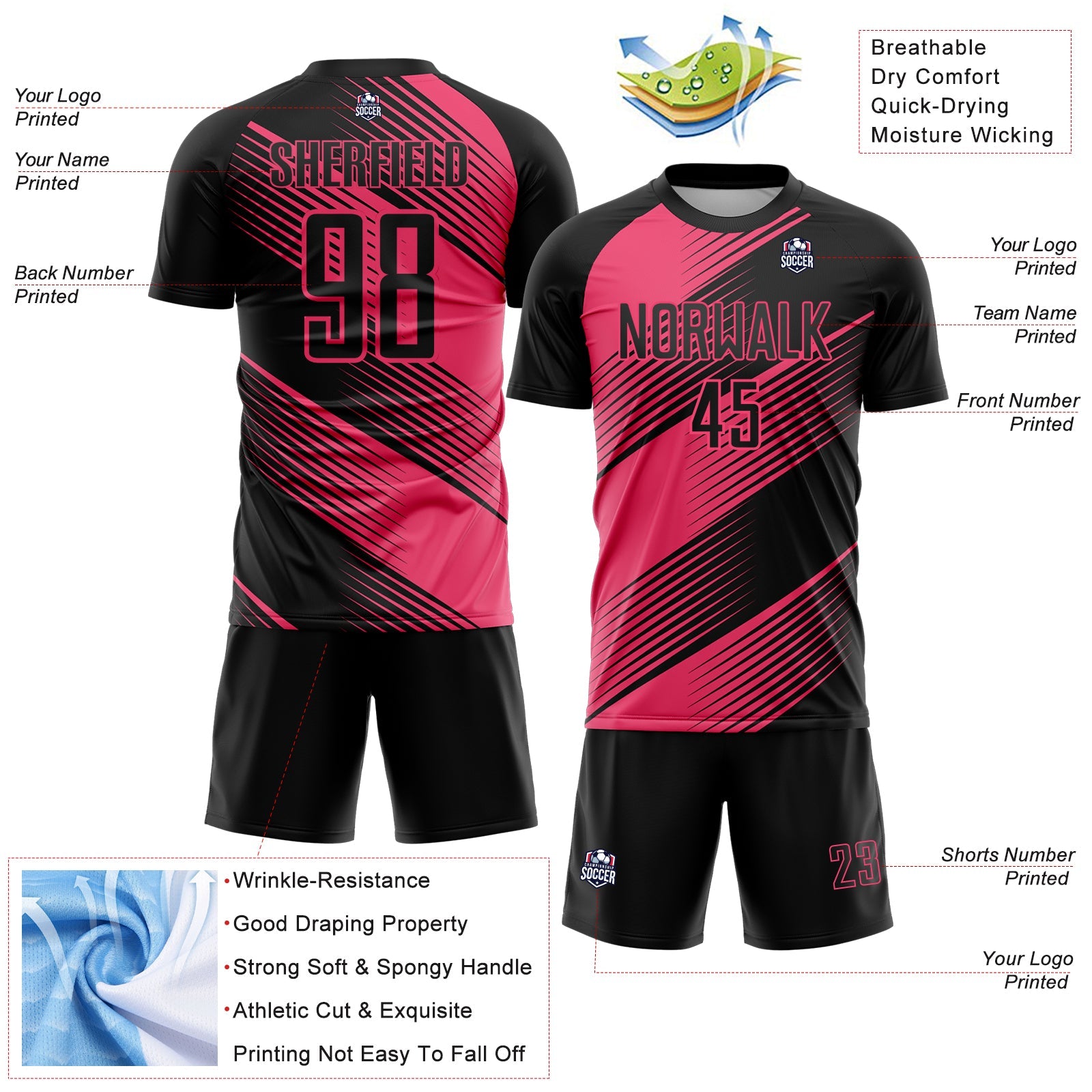 Custom Black Neon Pink Line Sublimation Soccer Uniform Jersey - Sky-Custom