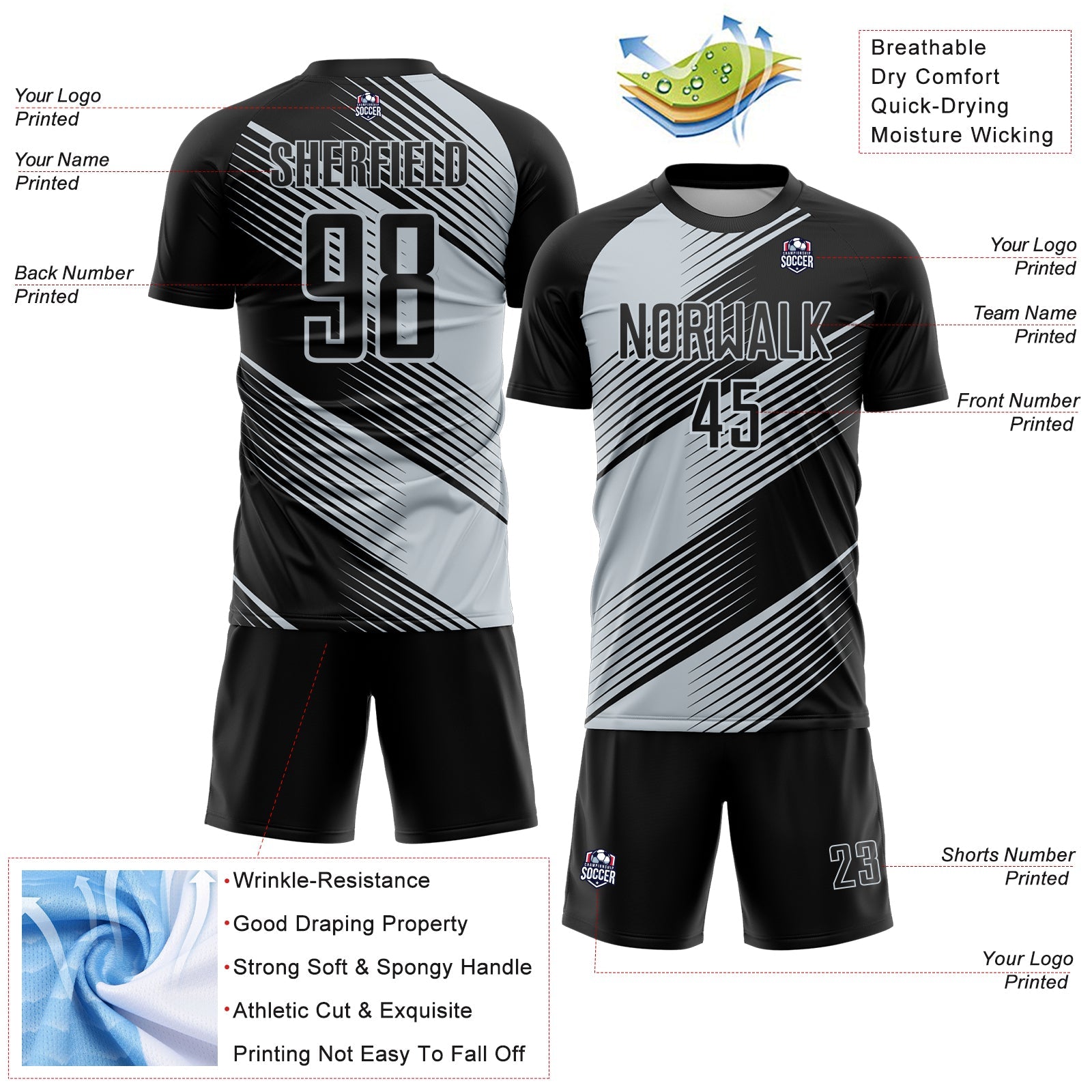 Custom Black Silver Line Sublimation Soccer Uniform Jersey - Sky-Custom
