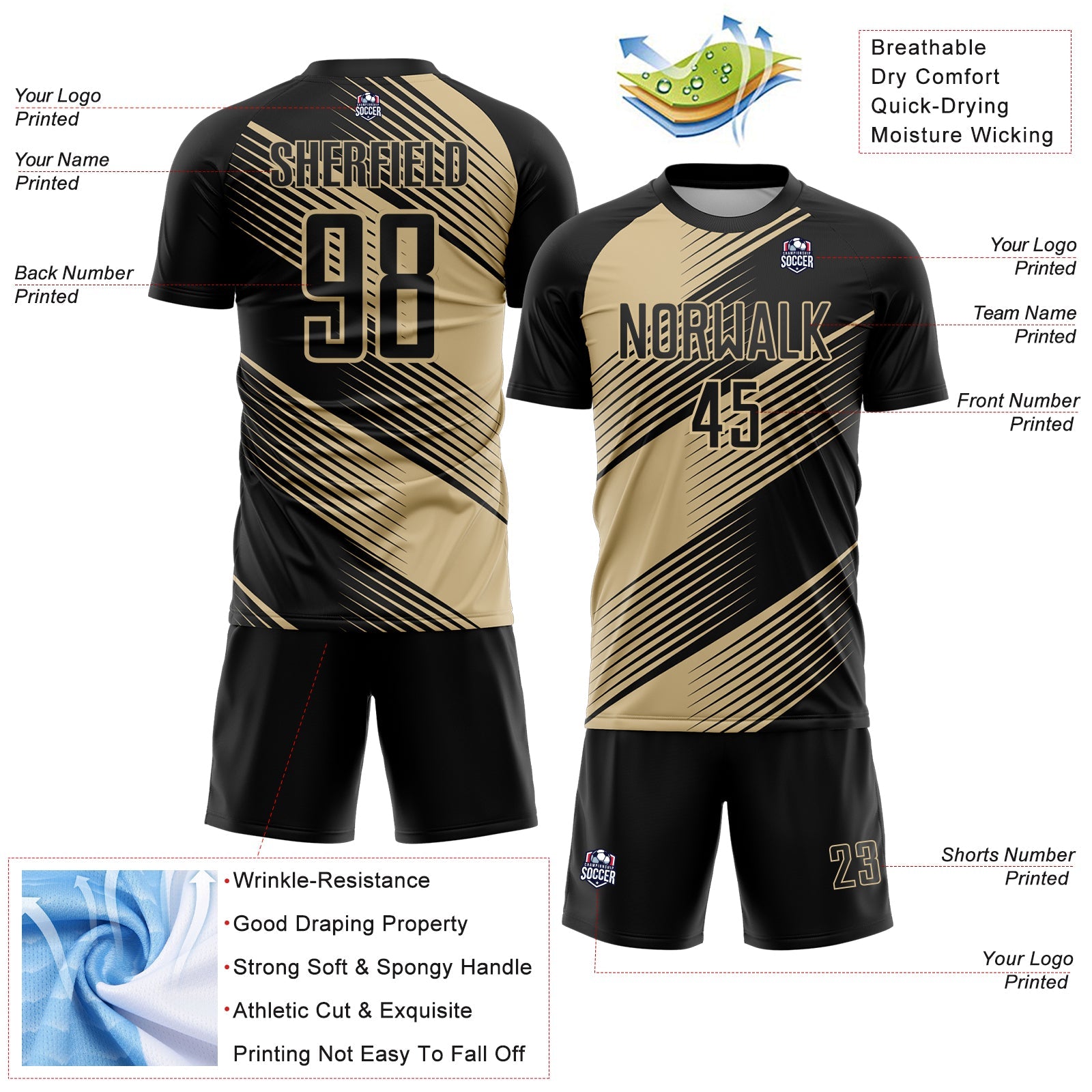 Custom Black Vegas Gold Line Sublimation Soccer Uniform Jersey - Sky-Custom