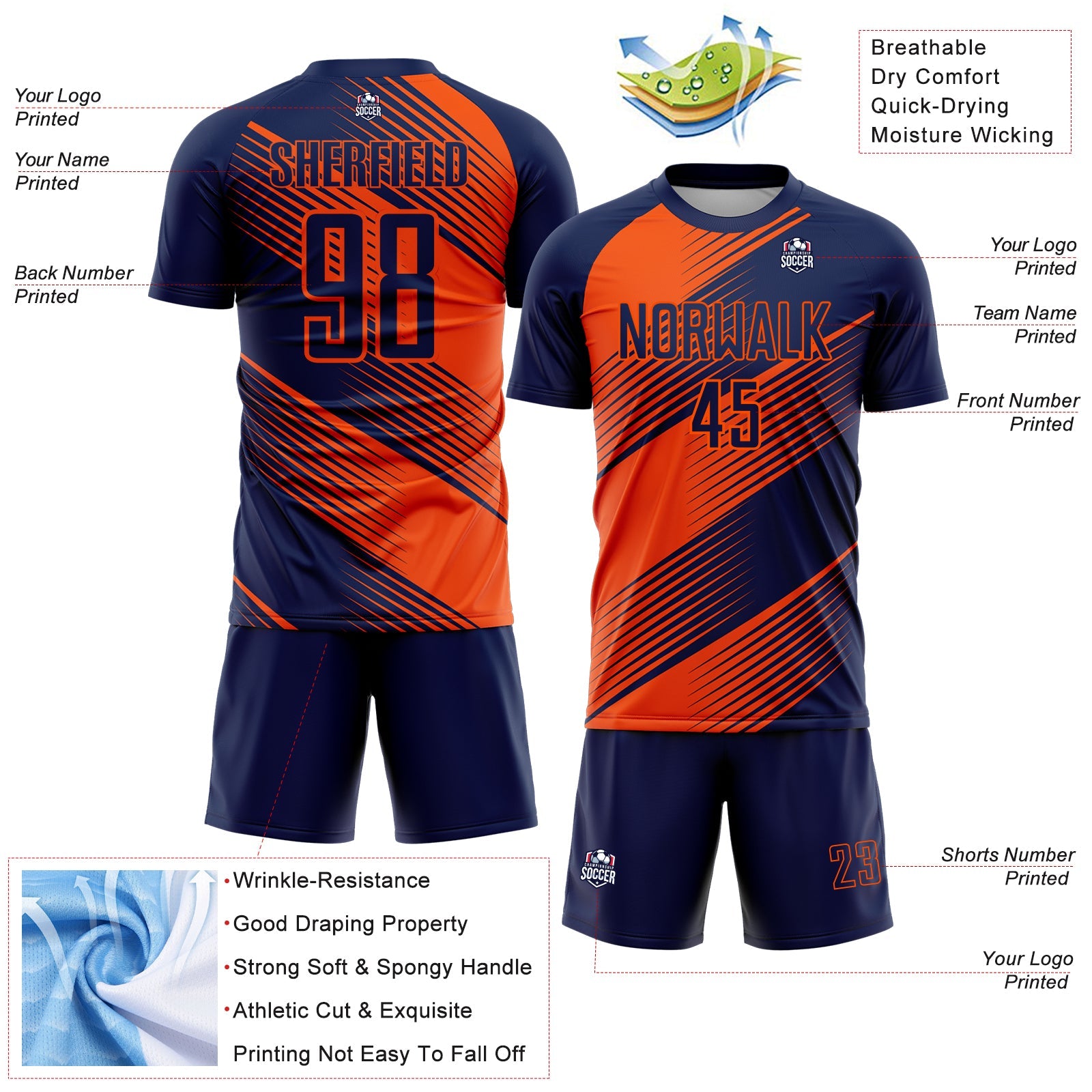 Custom Navy Orange Line Sublimation Soccer Uniform Jersey - Sky-Custom
