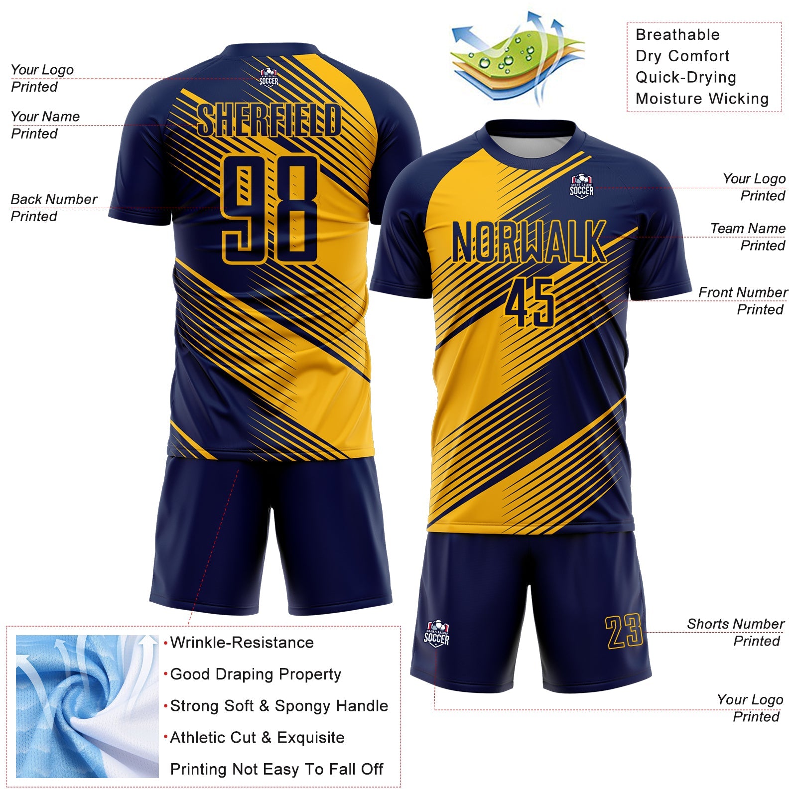 Custom Navy Gold Line Sublimation Soccer Uniform Jersey - Sky-Custom