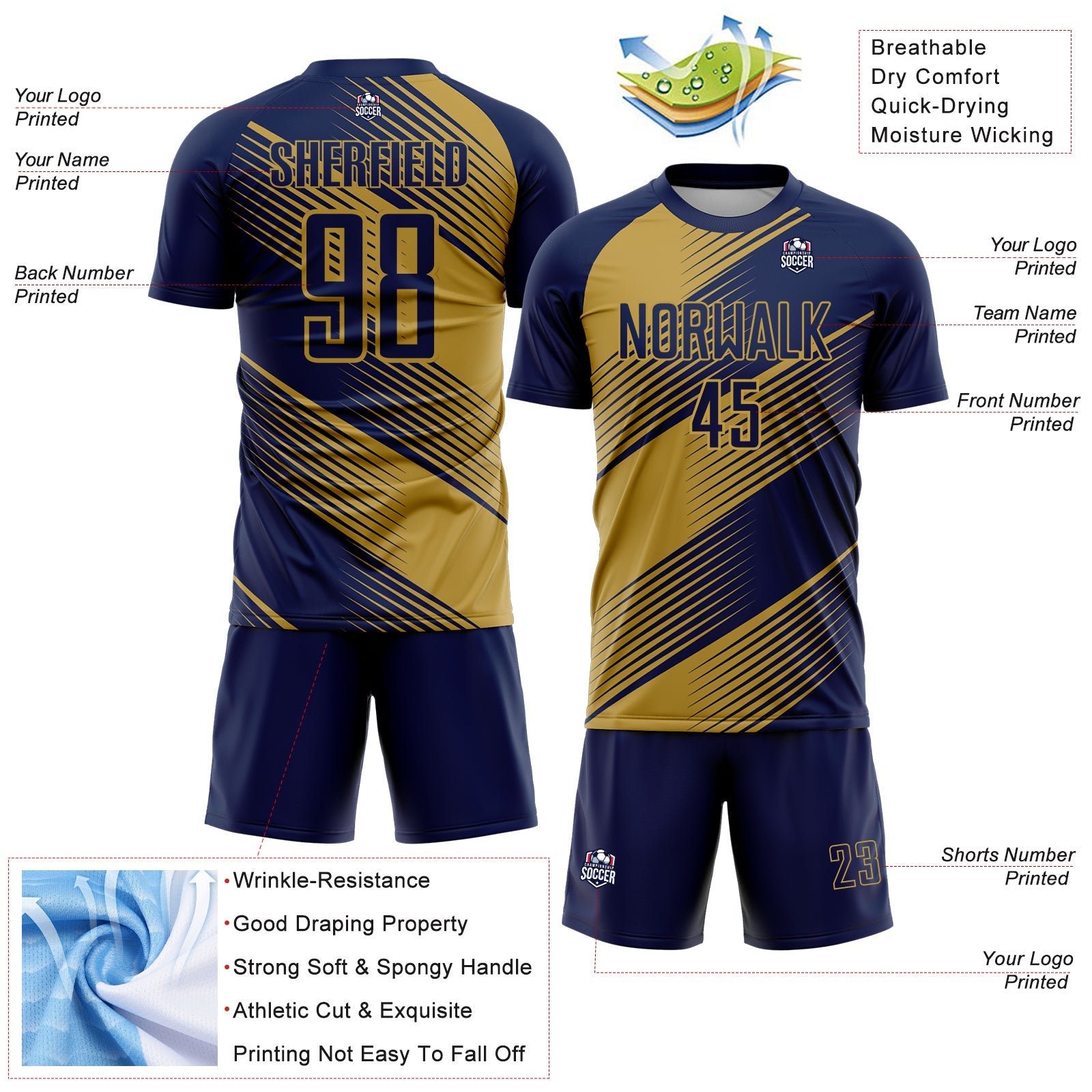 Custom Navy Old Gold Line Sublimation Soccer Uniform Jersey - Sky-Custom