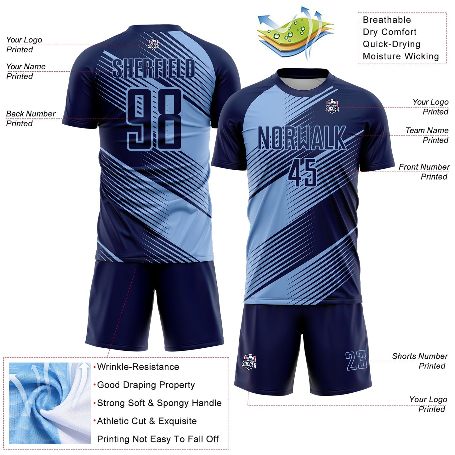 Custom Navy Light Blue Line Sublimation Soccer Uniform Jersey - Sky-Custom