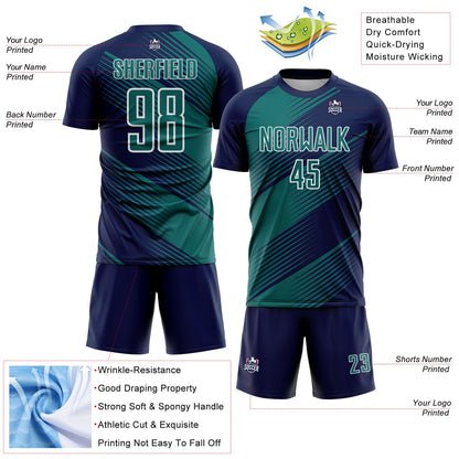 Custom Navy Teal-White Line Sublimation Soccer Uniform Jersey - Sky-Custom