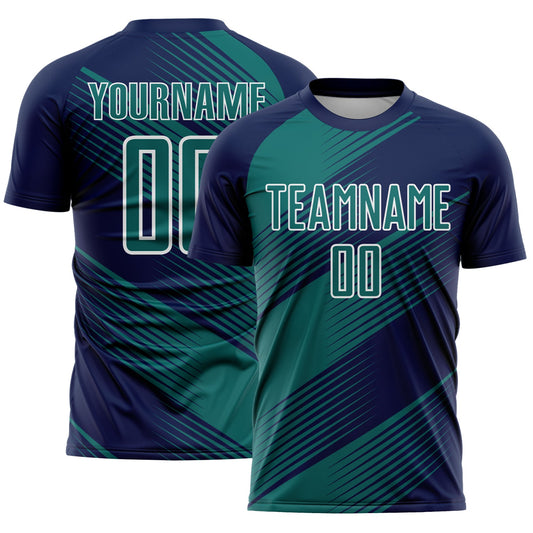Custom Navy Teal-White Line Sublimation Soccer Uniform Jersey - Sky-Custom