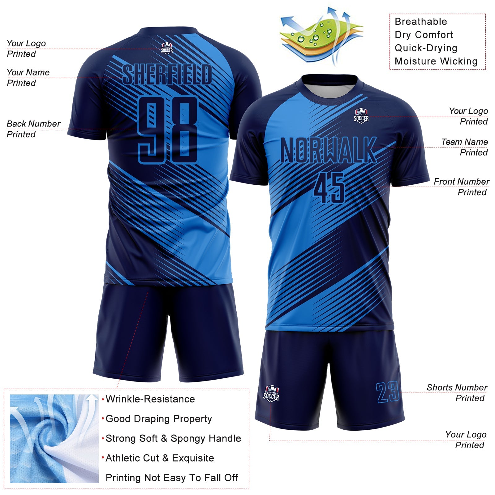 Custom Navy Powder Blue Line Sublimation Soccer Uniform Jersey - Sky-Custom