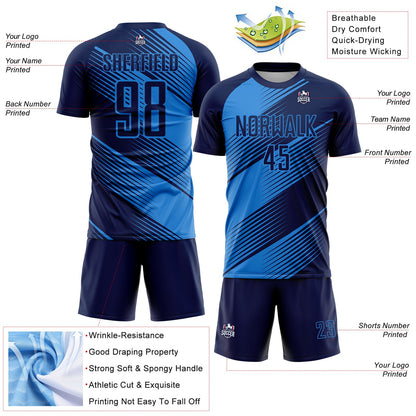 Custom Navy Powder Blue Line Sublimation Soccer Uniform Jersey - Sky-Custom