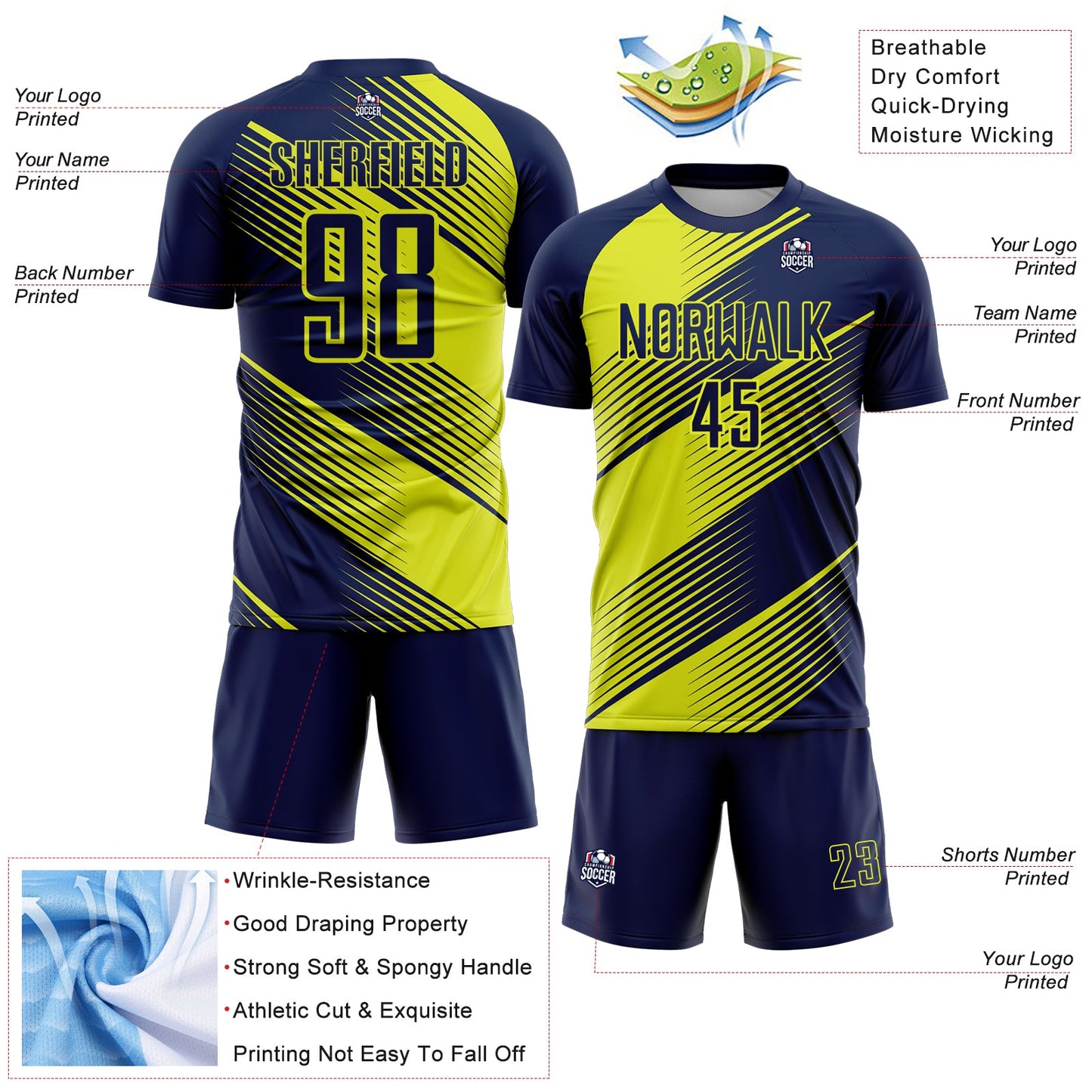 Custom Navy Neon Yellow Line Sublimation Soccer Uniform Jersey - Sky-Custom