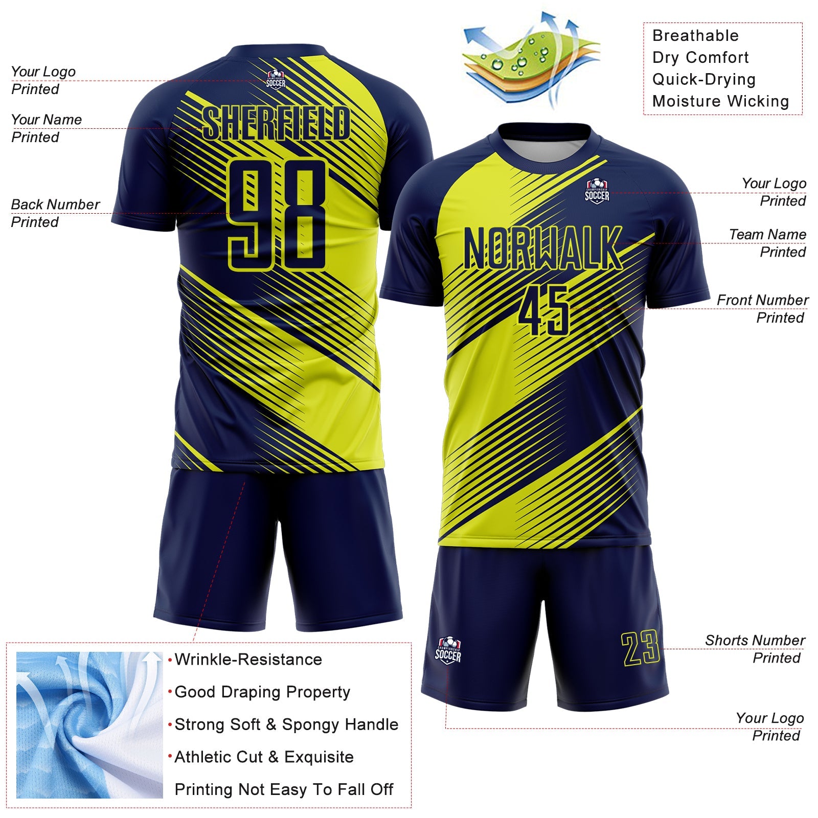 Custom Navy Neon Yellow Line Sublimation Soccer Uniform Jersey - Sky-Custom