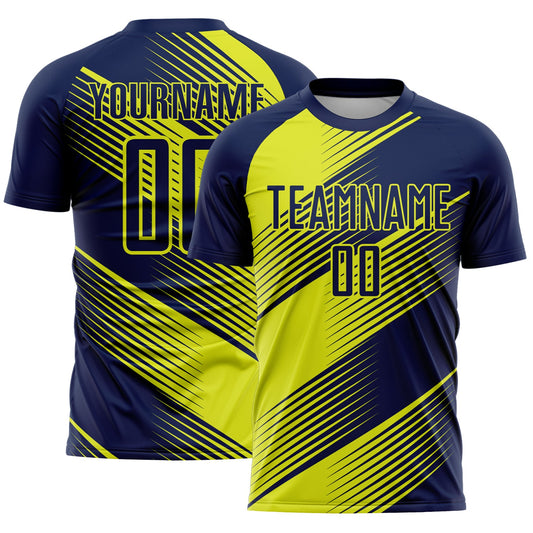 Custom Navy Neon Yellow Line Sublimation Soccer Uniform Jersey - Sky-Custom