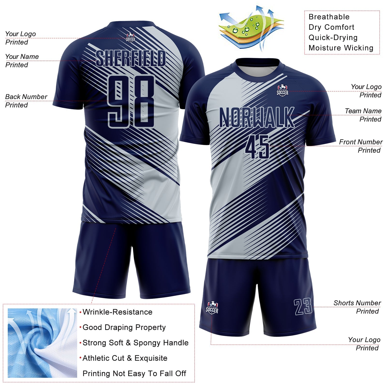 Custom Navy Silver Line Sublimation Soccer Uniform Jersey - Sky-Custom