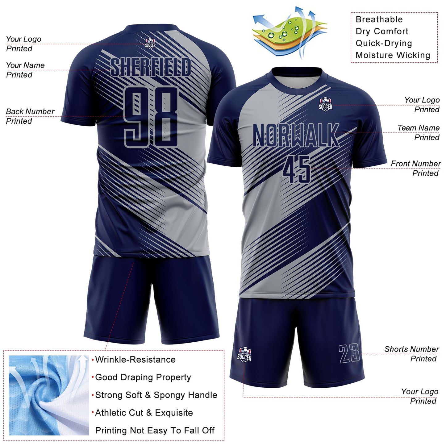 Custom Navy Gray Line Sublimation Soccer Uniform Jersey - Sky-Custom