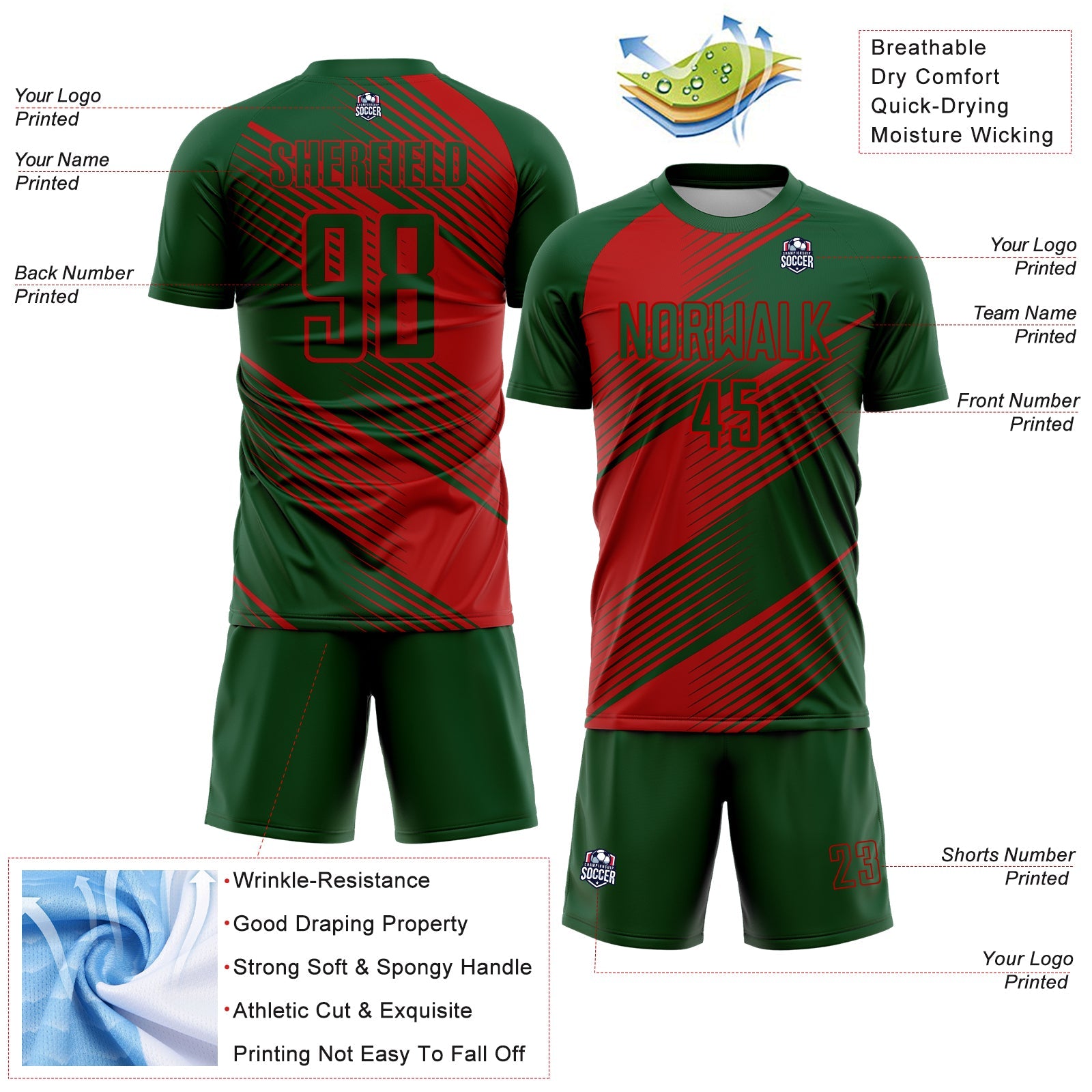 Custom Green Red Line Sublimation Soccer Uniform Jersey - Sky-Custom