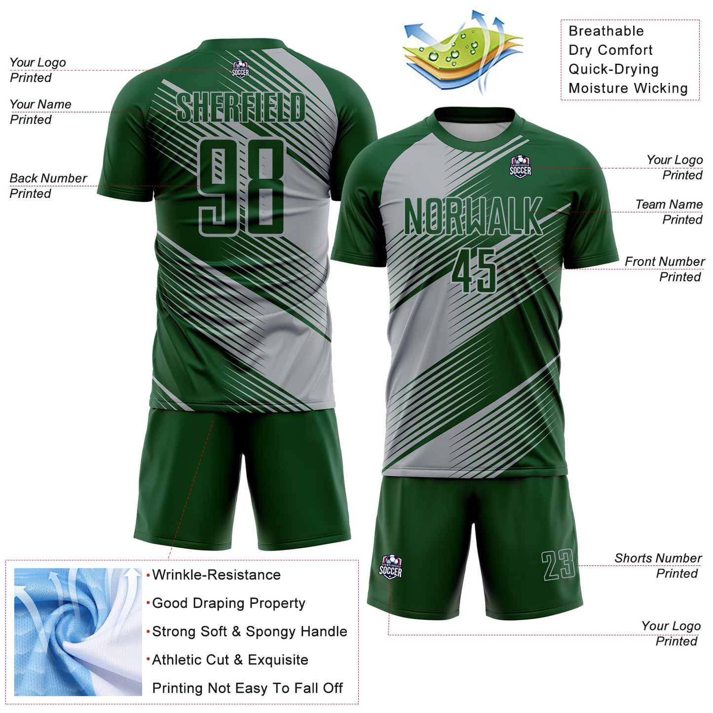 Custom Green Gray Line Sublimation Soccer Uniform Jersey - Sky-Custom